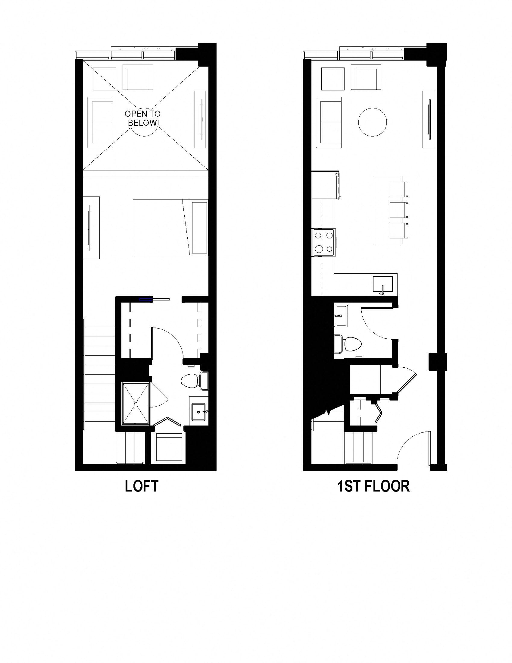 Floor plan for 1 bed, 1.5 baths, 756 sqft